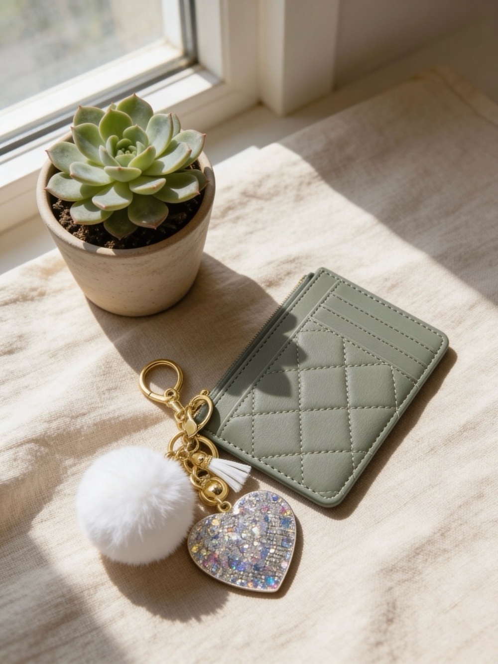 Green Quilted Card Holder Wallet w/ Pom Pom & Rhinestone Heart Keychain